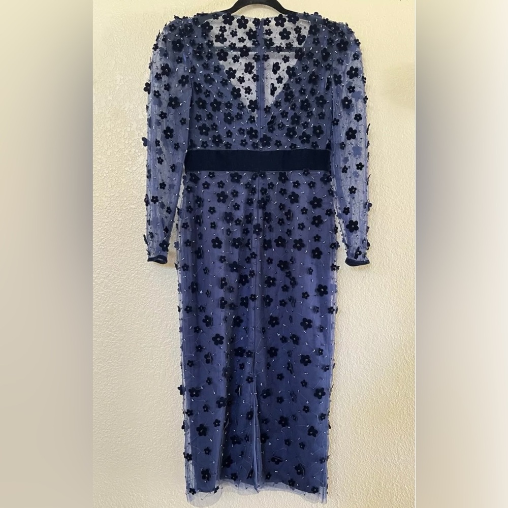 New Mac Duggal Beaded Floral Appliqué Long Sleeve Tulle Sheath Dress Midnight 8 - Picture 6 of 9